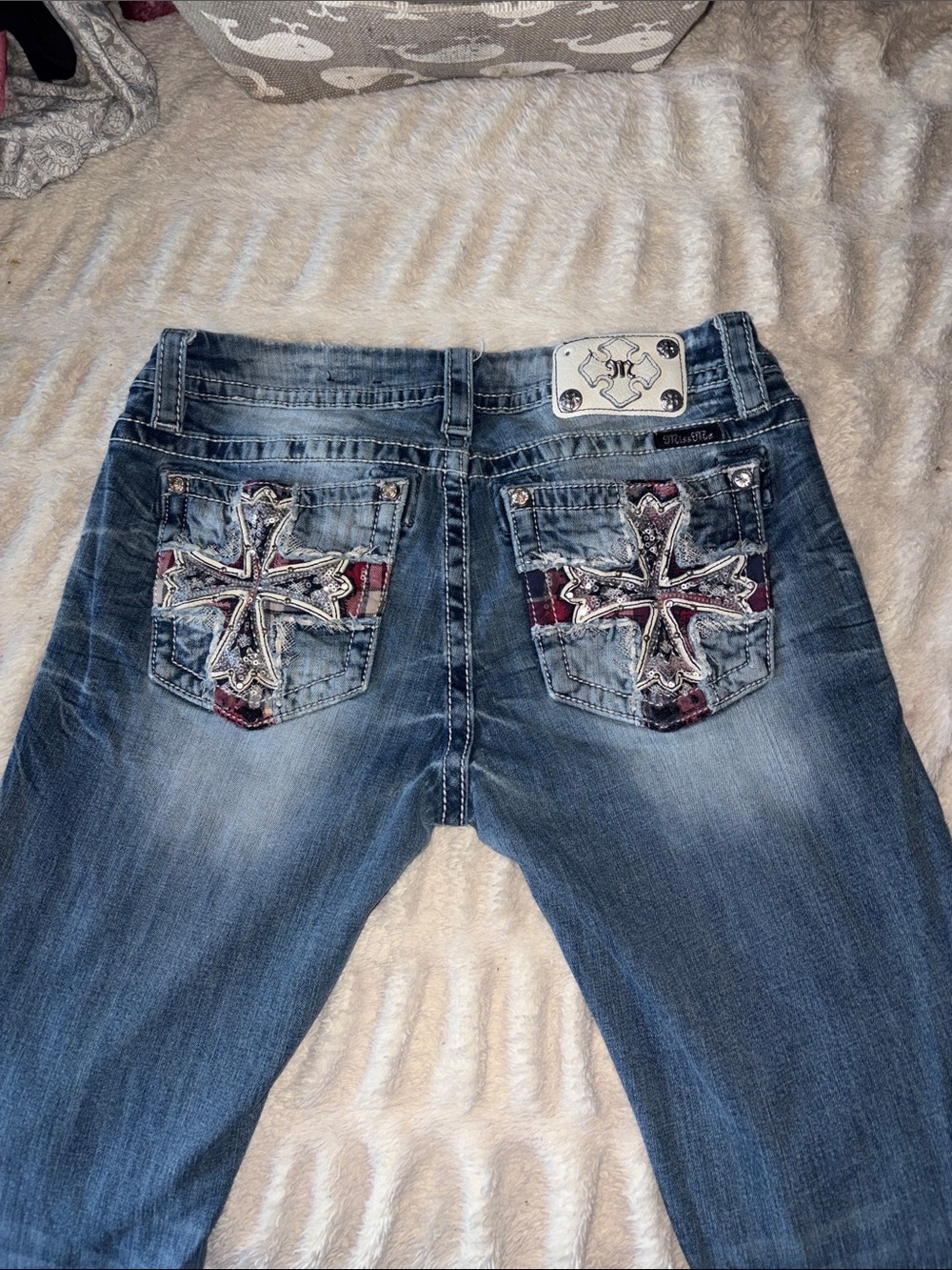 Miss Me Distressed Blue Jeans with Embellished Cross Back Pockets